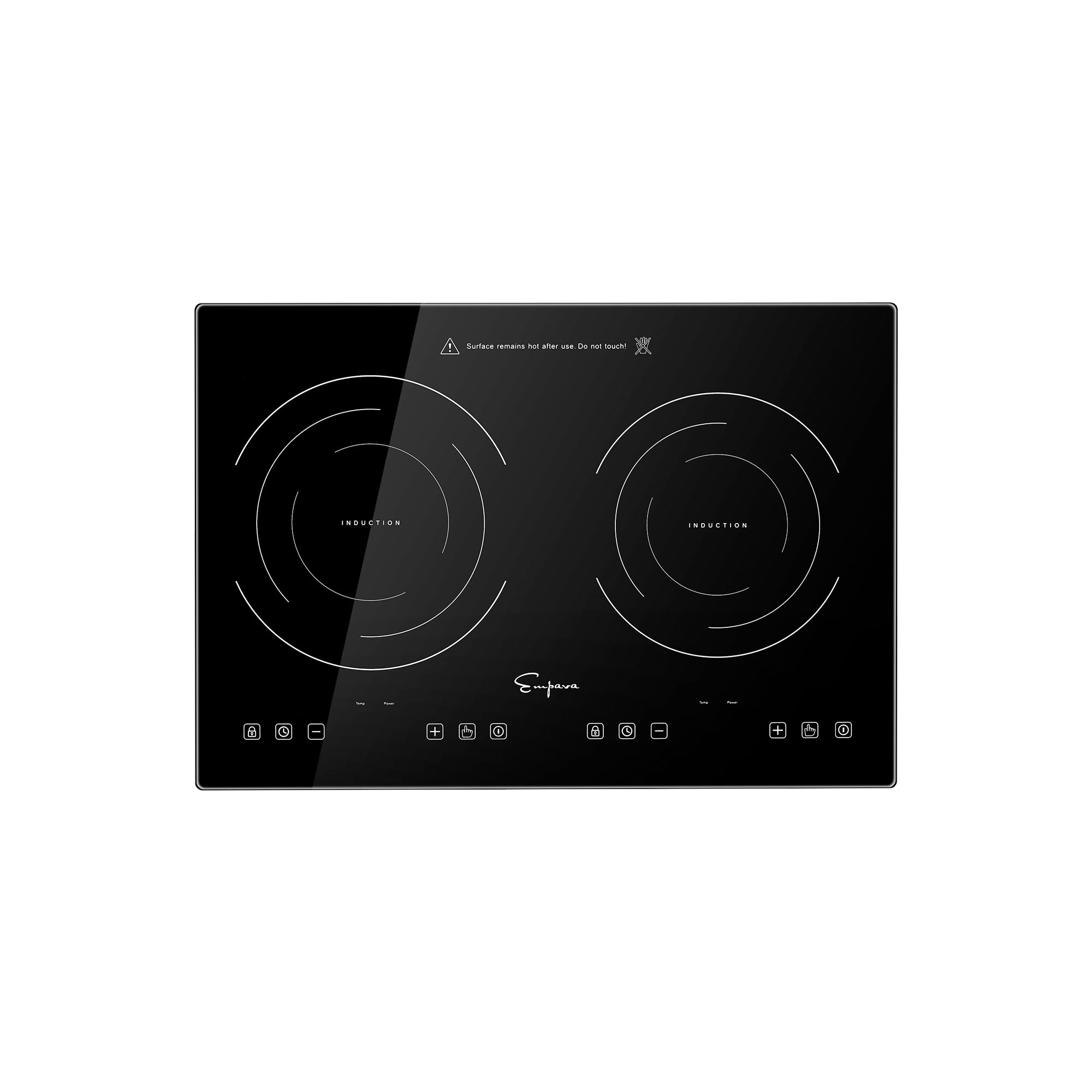 Empava IDC12B2 12 In. Induction Cooktop with two burners, featuring a sleek black glass surface and modern design.